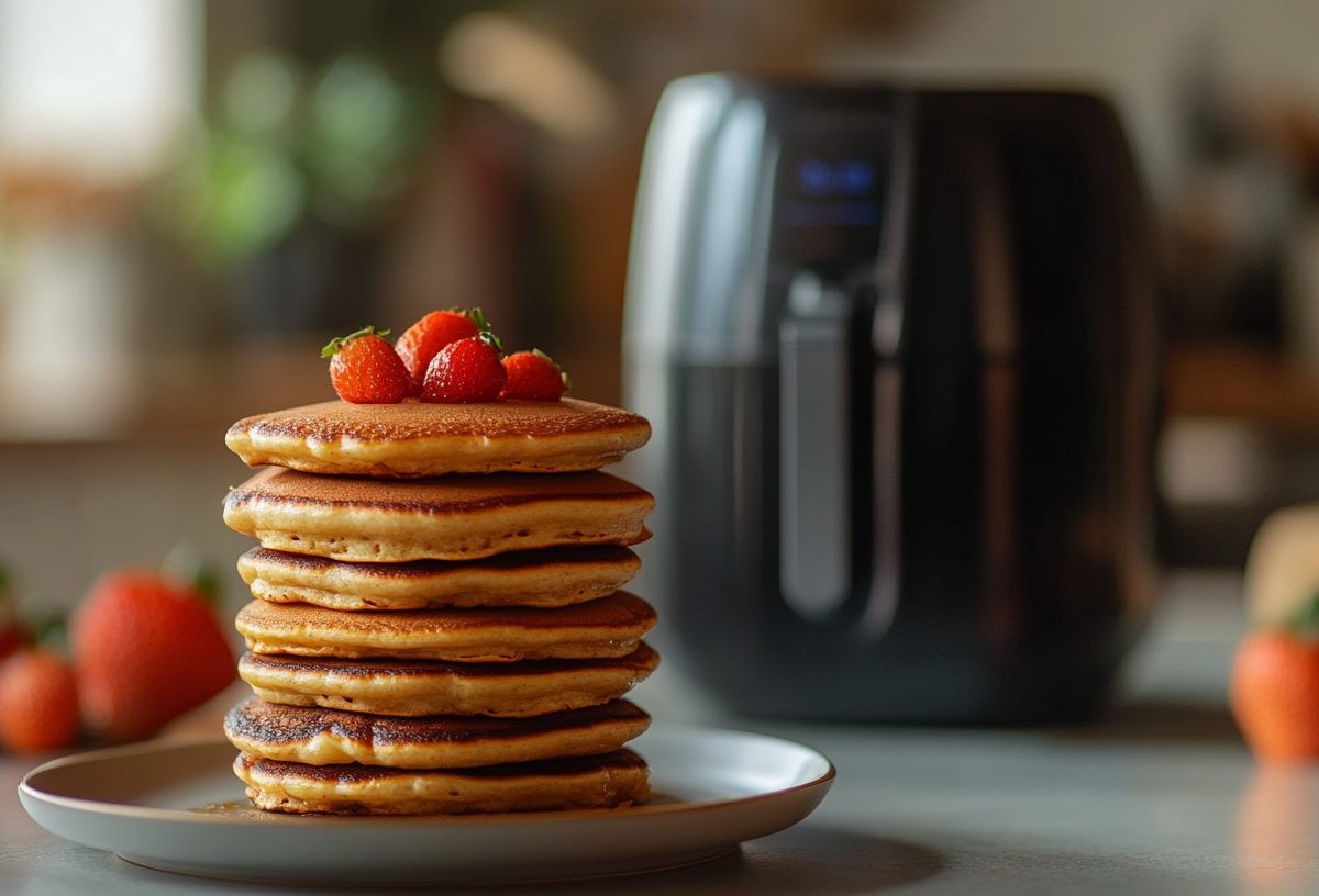 Pancakes aus dem Aifryer in einem Stapel auf einem Teller. Da hinter steht ein Airfryer.