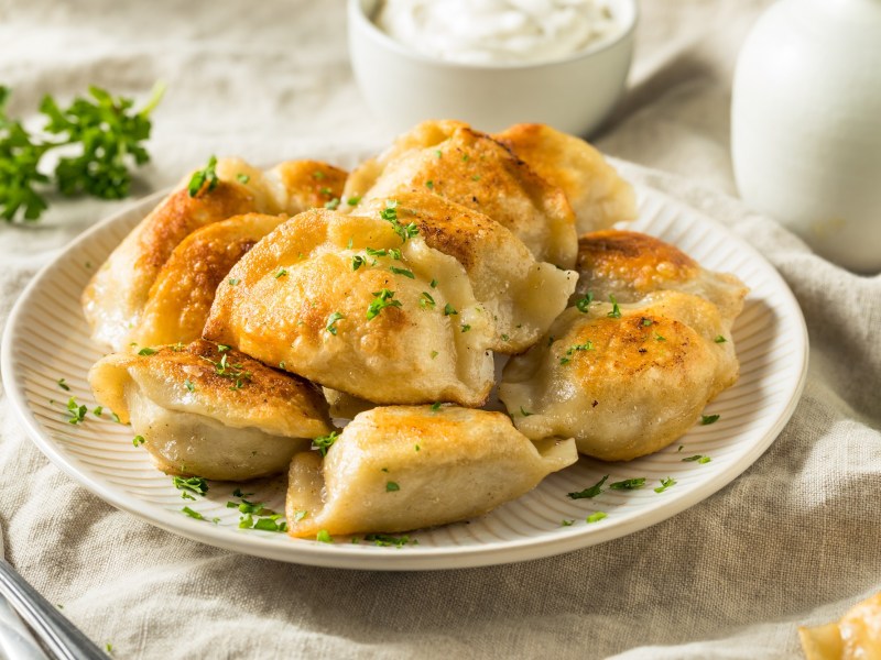 Pierogi mit Kohl-Kartoffel-Füllung auf einem Teller.