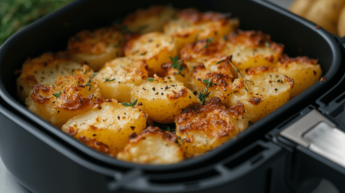 Quetschkartoffeln im Airfryer-Korb mit Parmesan und KrÃ¤utern. Nahaufnahme