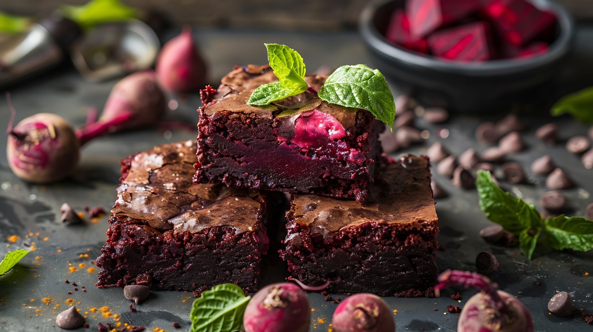 Rote Bete Brownies auf einem Tisch, Rote Bete daneben