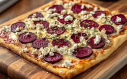 Ein Rote-Bete-Flammkuchen auf einem Holzbrett.