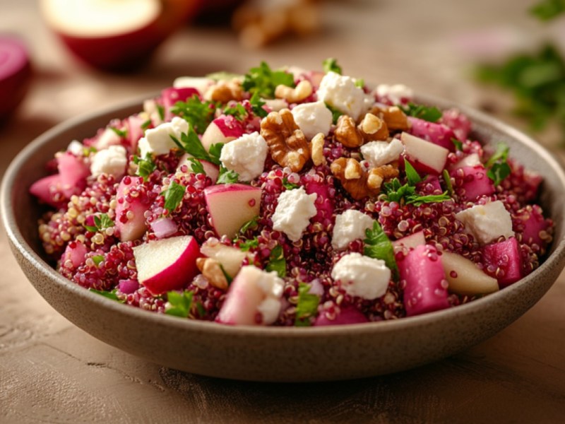 Eine SchÃ¼ssel mit Rote-Bete-Quinoa-Salat.