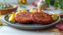 2 Rote-Bete-Schnitzel mit Kartoffeln auf einem Teller.