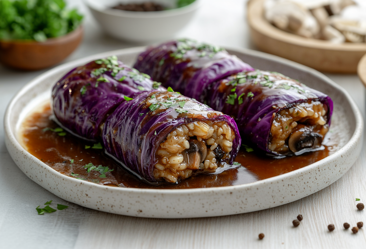 2 Rotkohl-Rouladen in brauner Soße gefüllt mit Reis und Pilzen auf einem Teller. Drumherum Zutaten.