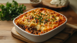 Shepherd's Pie mit Kürbispüree in einer Auflaufform, dahinter unscharf Kräuter.