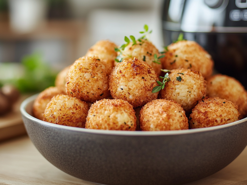 Eine Schale mit Arancini aus der HeiÃŸluftfritteuse, im Hintergrund unscharf eine Fritteuse.