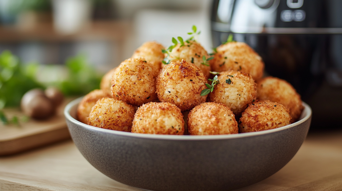 Eine Schale mit Arancini aus der HeiÃŸluftfritteuse, im Hintergrund unscharf eine Fritteuse.