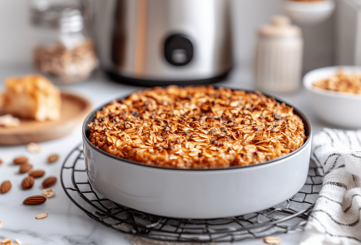 Baked Oats aus der Heißluftfritteuse in einer runden Form-. Im Hintergrund ist ein Airfryer.