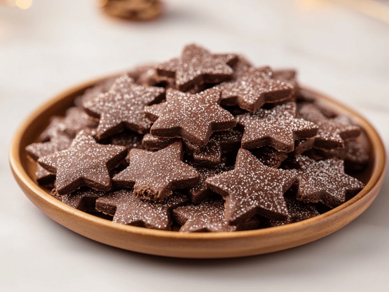 Ein Teller Basler Brunsli, Schoko-Mandel-PlÃ¤tzchen in Sternform aus der Schweiz.