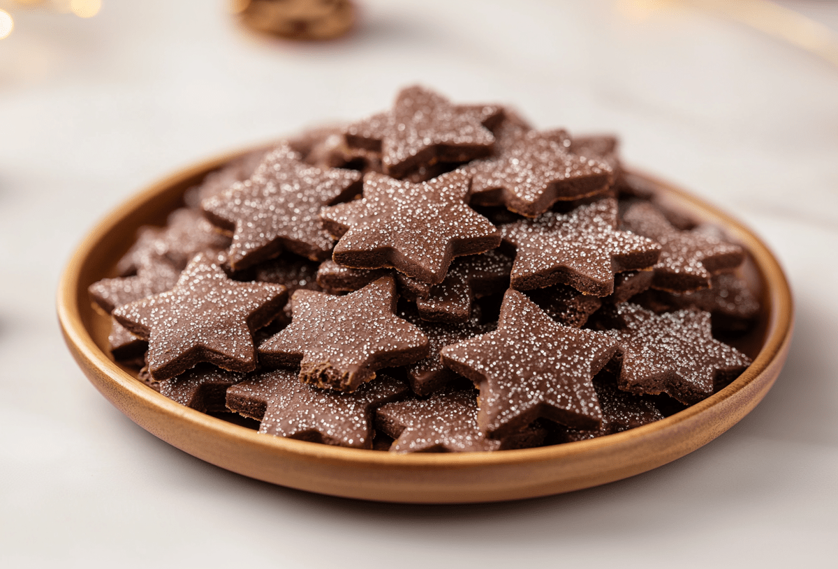 Ein Teller Basler Brunsli, Schoko-Mandel-PlÃ¤tzchen in Sternform aus der Schweiz.