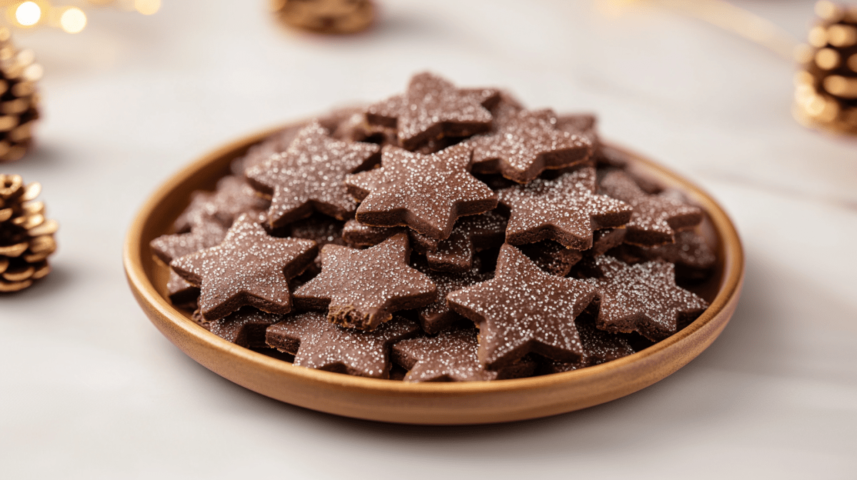 Ein Teller Basler Brunsli, Schoko-Mandel-PlÃ¤tzchen in Sternform aus der Schweiz.