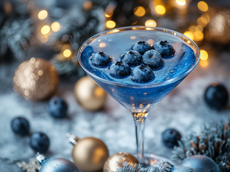 Blaubeer-Martini in einem Glas garniert mit frischen Blaubeeren. Drumherum festliche Deko.