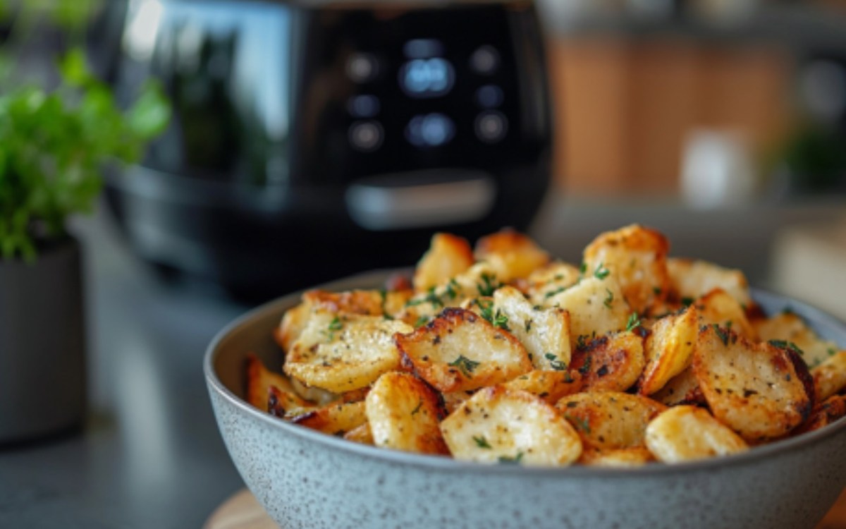 Brie-Chips aus dem Airfryer in einer Schale. Im Hintergrund ist eine HeiÃŸlutfritteuse zu sehen.