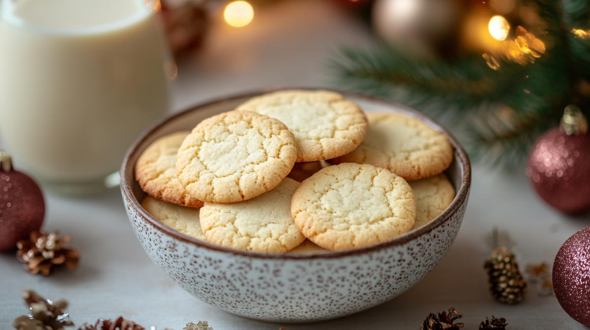 Eine Schale EierlikÃ¶r-PlÃ¤tzchen, drumherum ein paar Weihnachtsdekoartikel.