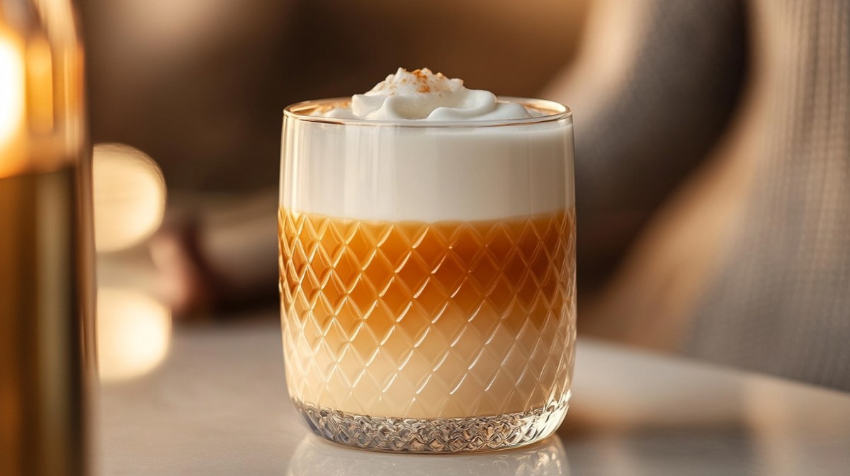 Ein Glas mit EierlikÃ¶r-Macchiato