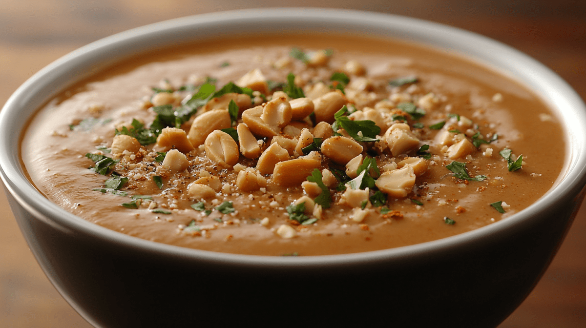 Eine SchÃ¼ssel Erdnusssuppe, bestreut mit ErdnÃ¼ssen und gehacktem Koriander.