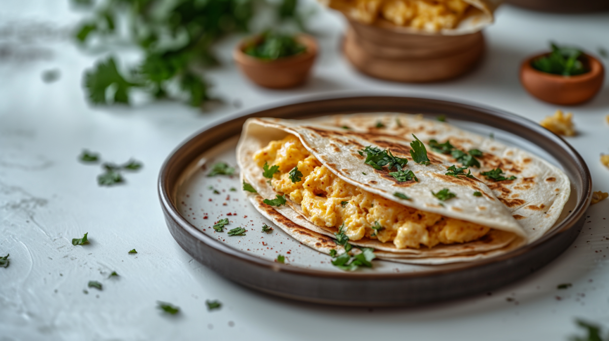 FrÃ¼hstÃ¼cks-Quesadilla mit RÃ¼hrei und KÃ¤se auf einem Teller, im Hintergrund unscharf einige Zutaten in SchÃ¼sseln.