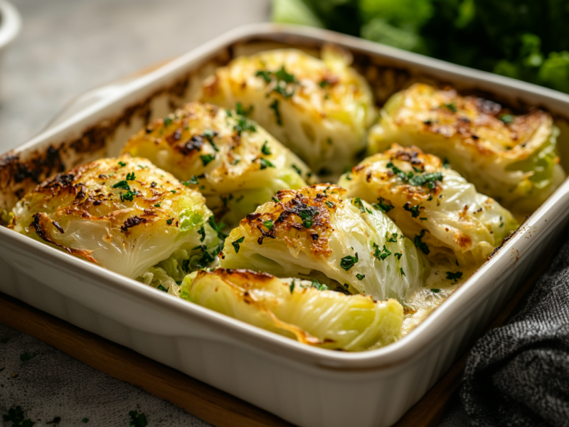 Auflaufform mit gebackenem WeiÃŸkohl mit ParmesansoÃŸe, bestreut mit KrÃ¤utern. Daneben ein Geschirrtuch.