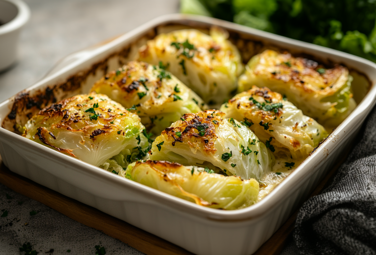 Auflaufform mit gebackenem Weißkohl mit Parmesansoße, bestreut mit Kräutern. Daneben ein Geschirrtuch.