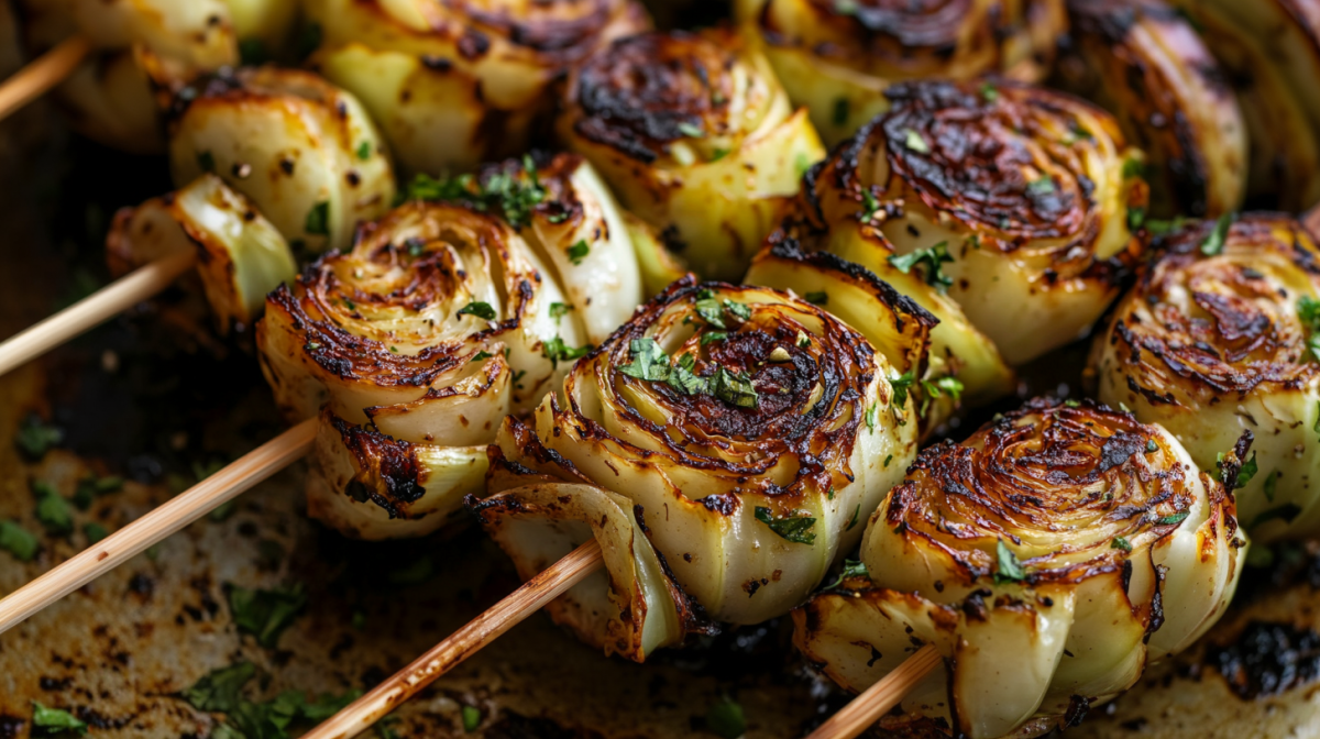 Nebeneinander liegende, gegrillte KohlspieÃŸe.