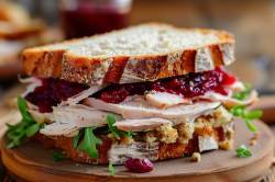 Holzbrett mit Hähnchen-Cranberry-Sandwich darauf