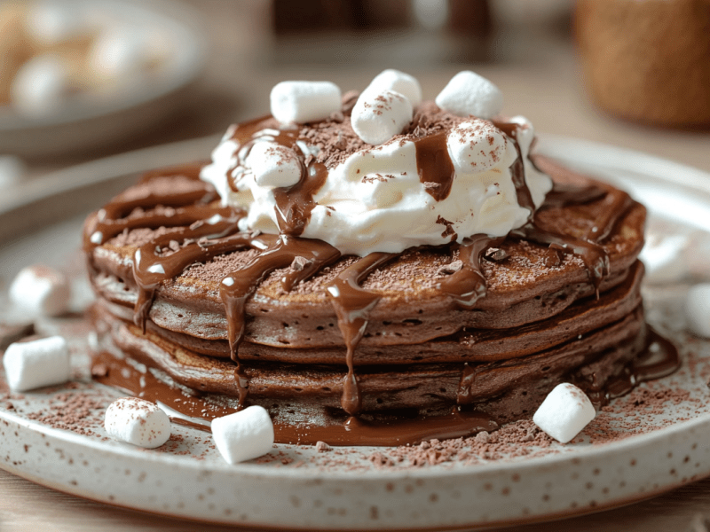 HeiÃŸe-Schokolade-Pancakes mit Marshmallow, Sahne und SchokosoÃŸe auf einem Teller.