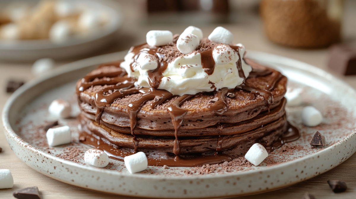 HeiÃŸe-Schokolade-Pancakes mit Marshmallow, Sahne und SchokosoÃŸe auf einem Teller.