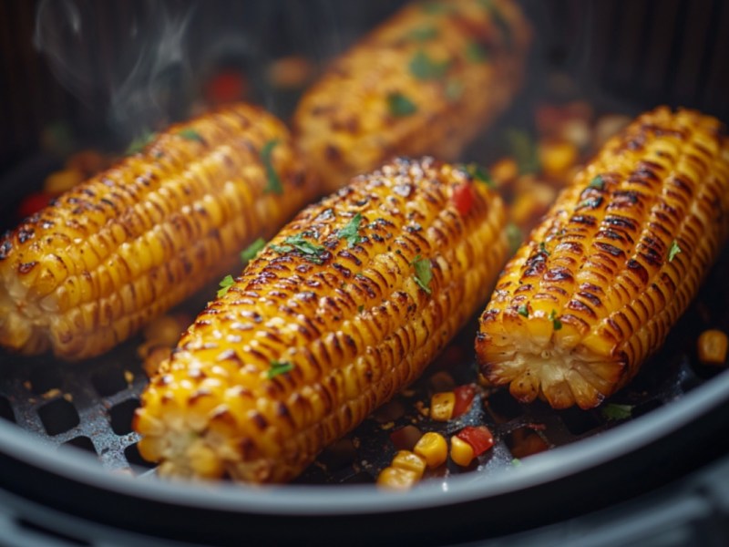 Mehrere Maiskolben in einem Airfryer.