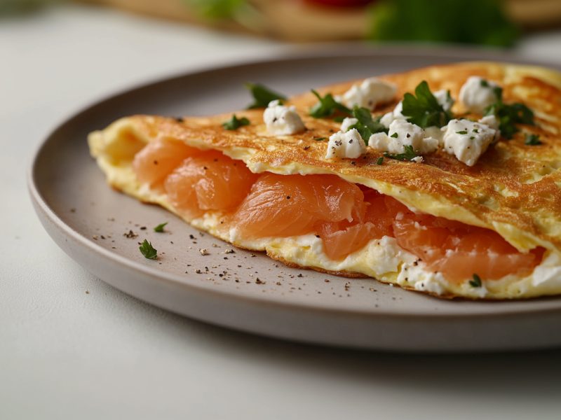 Ein Omelett mit Lachs und Feta auf einem Teller, im Hintergrund unscharf einige Zutaten.