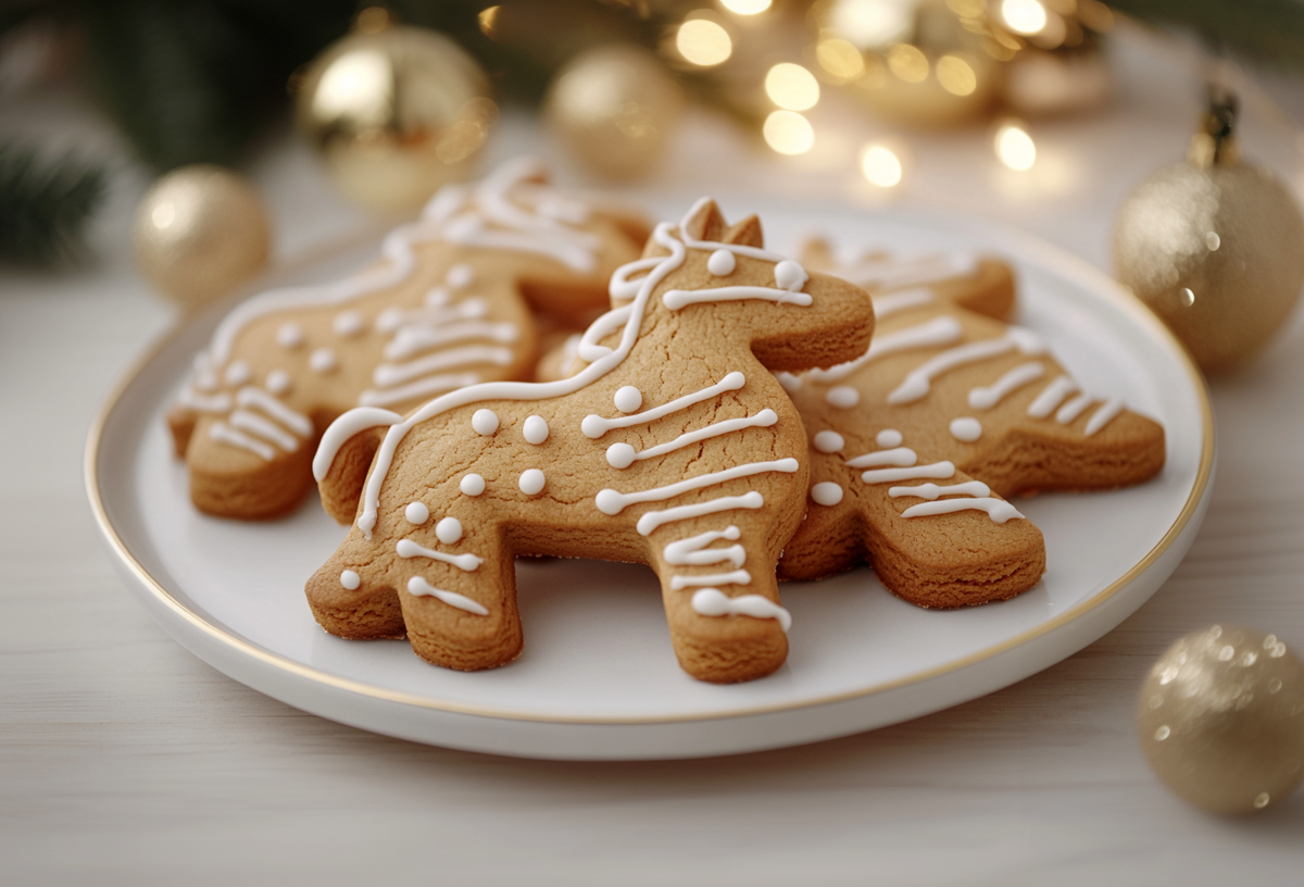 Ein Teller Pepparkakor, schwedische GewÃ¼rzplÃ¤tzchen, in Form von Pferden. Drumherum etwas Weihnachtsdeko.