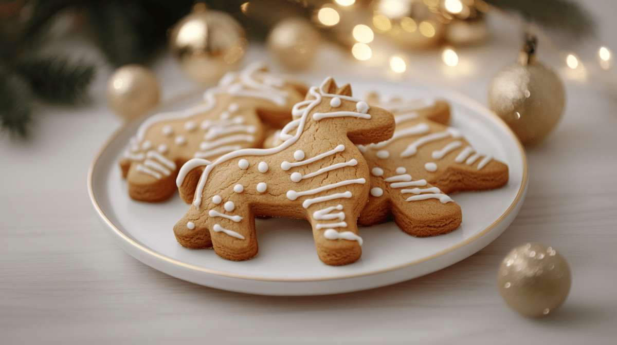 Ein Teller Pepparkakor, schwedische GewÃ¼rzplÃ¤tzchen, in Form von Pferden. Drumherum etwas Weihnachtsdeko.