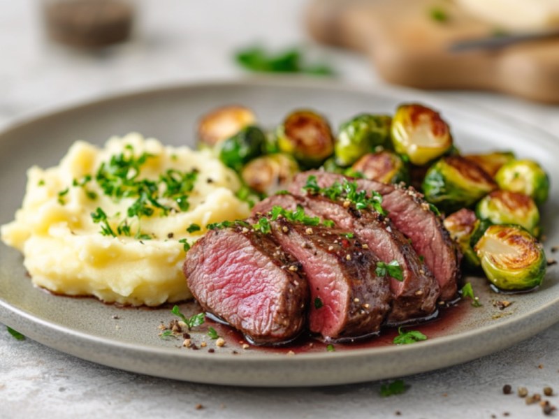 RehrÃ¼cken mit KartoffelpÃ¼ree und Rosenkohl auf einem Teller.