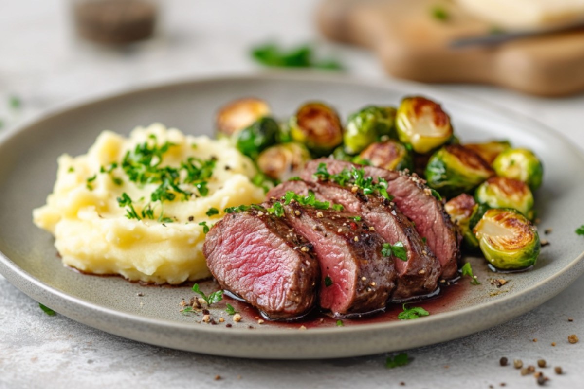 RehrÃ¼cken mit KartoffelpÃ¼ree und Rosenkohl auf einem Teller.