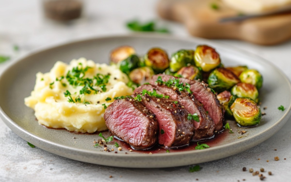 RehrÃ¼cken mit KartoffelpÃ¼ree und Rosenkohl auf einem Teller.