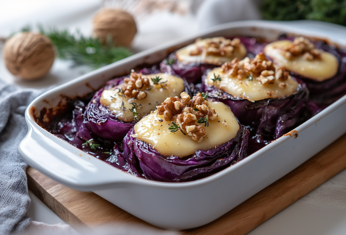 Rotkohlsteaks mit Camembert Ã¼berbacken und WalnÃ¼ssen bestreut in einer Auflaufform.