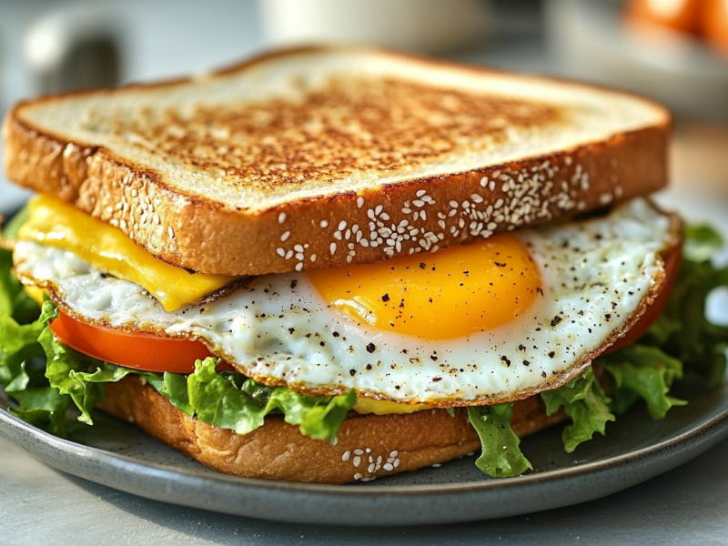 Ein Spiegelei-Sandwich mit KÃ¤se, Salat und Tomate auf einem Teller. Nahaufnahme.