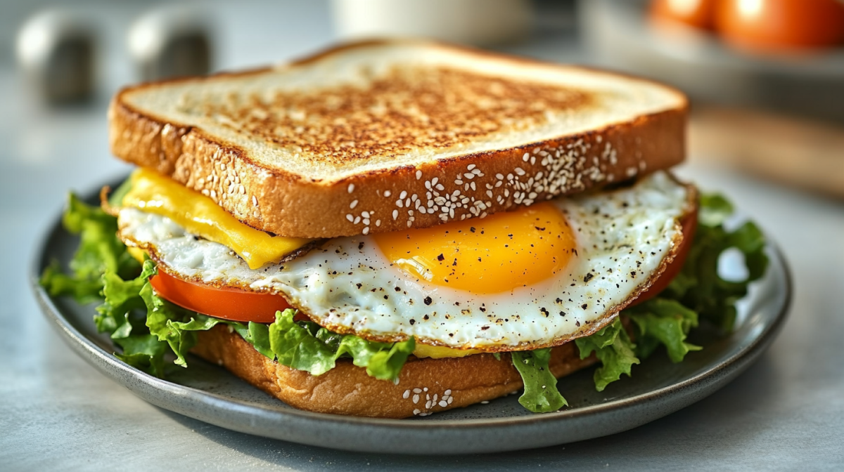 Ein Spiegelei-Sandwich mit KÃ¤se, Salat und Tomate auf einem Teller. Nahaufnahme.