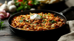 Eine Spitzkohlpfanne mit Hackfleisch garniert mit Schmand und Petersilie. Drumherum unscharf Zutaten.