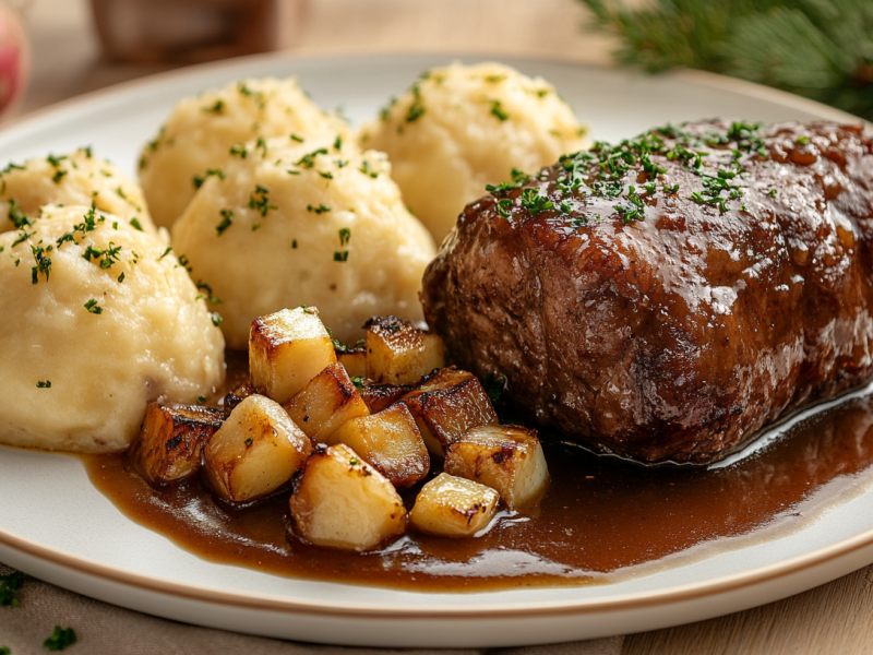 Ein Teller mit KlÃ¶ÃŸen, Braten und SteckrÃ¼ben-Lebkuchen-SoÃŸe.