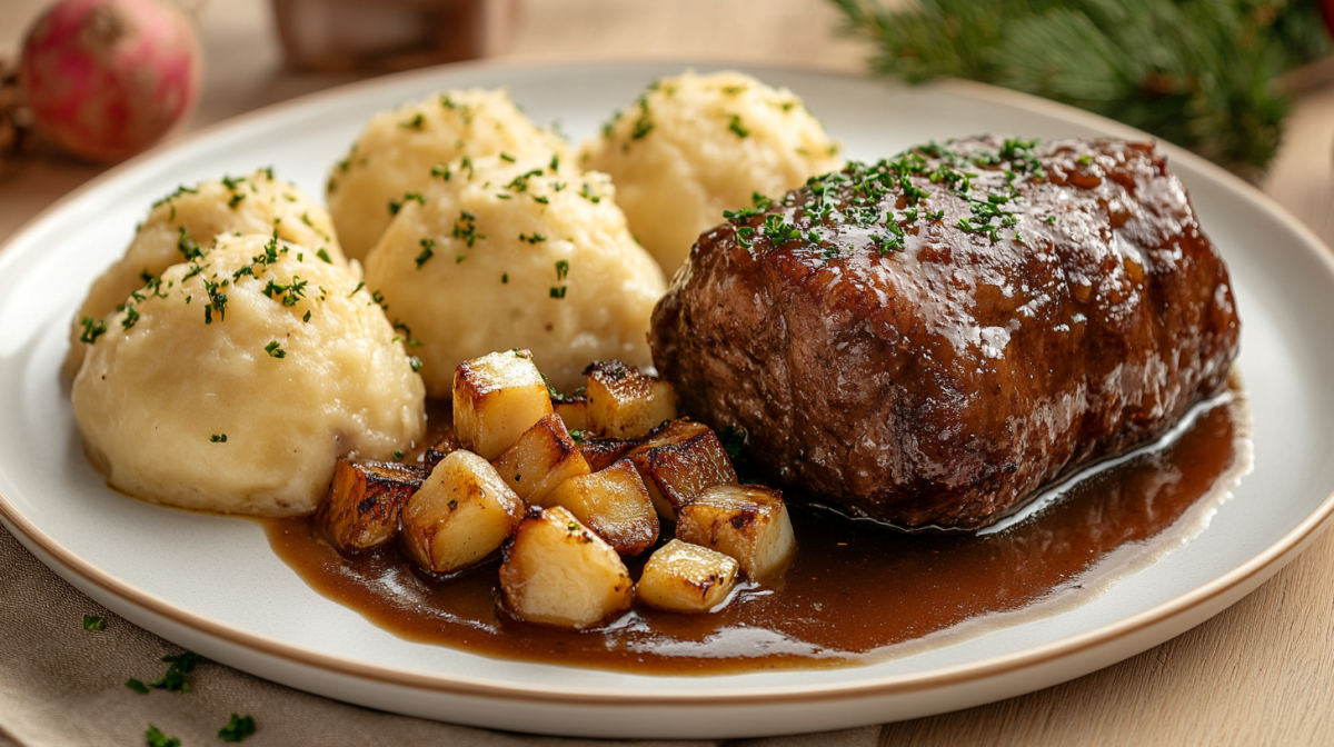 Ein Teller mit KlÃ¶ÃŸen, Braten und SteckrÃ¼ben-Lebkuchen-SoÃŸe.