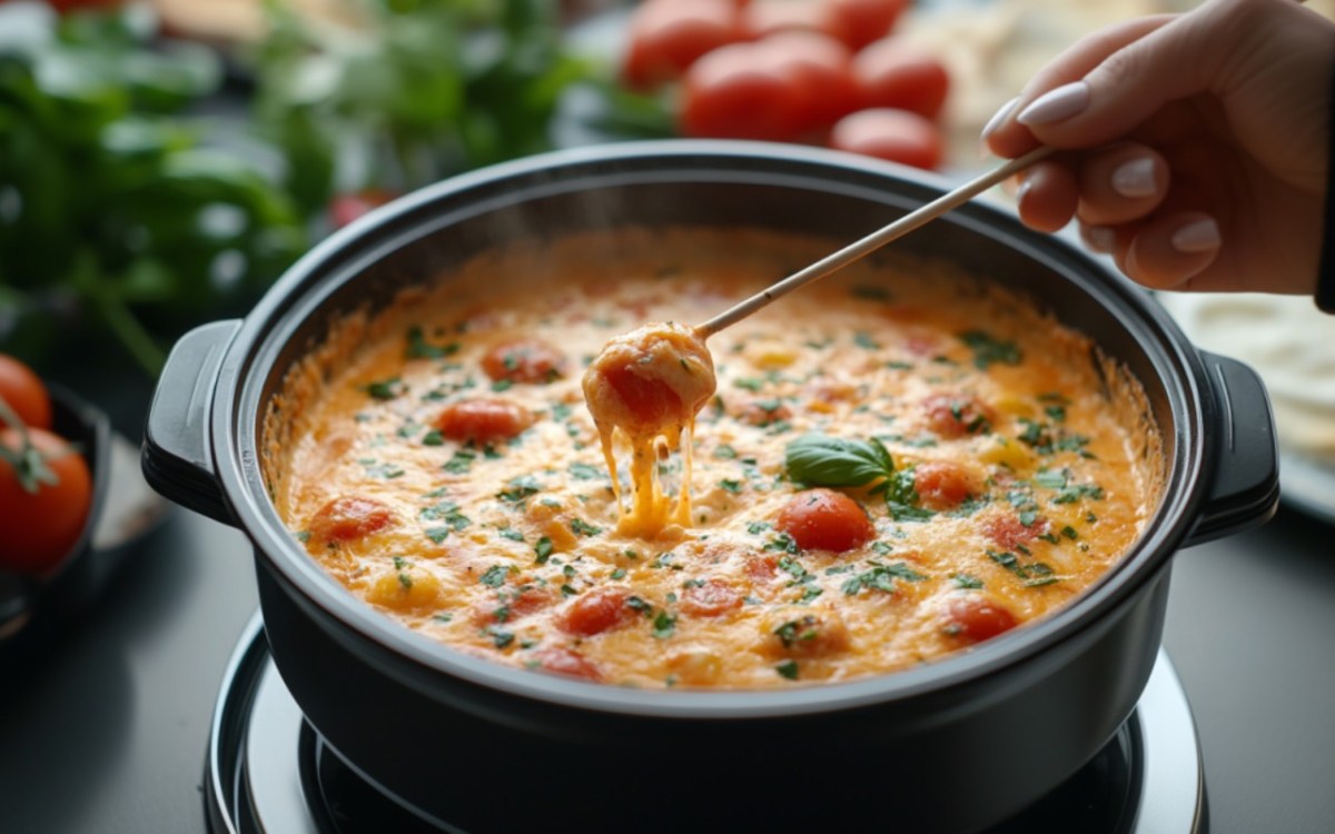 In ein Tomaten-KÃ¤se-Fondue wird eine Gabel mit Brot getunkt.