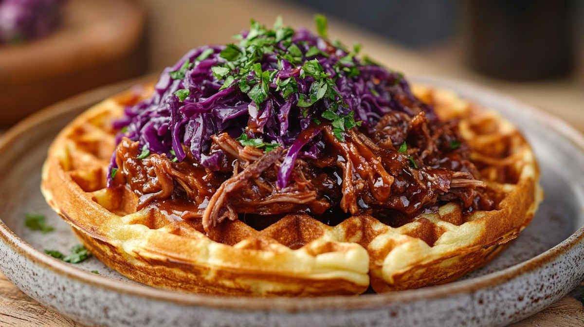 Waffeln mit Ente und Rotkohl