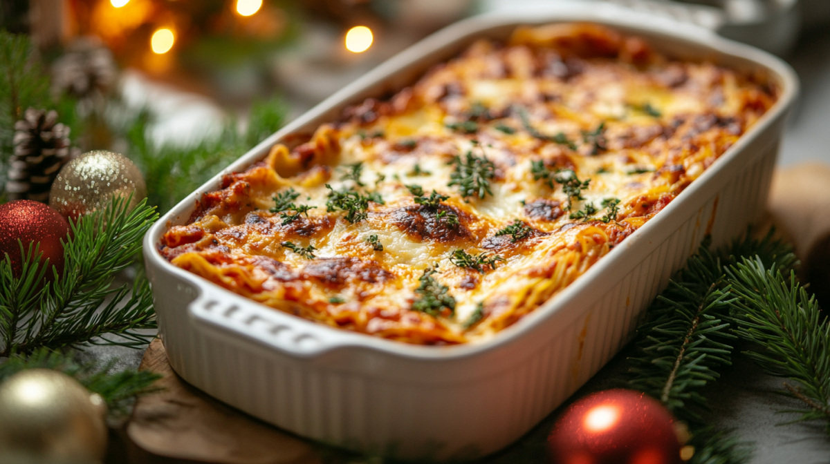 Weihnachtslasagne in weiÃŸer Auflaufform, umgeben von Weihnachtsdekoration.