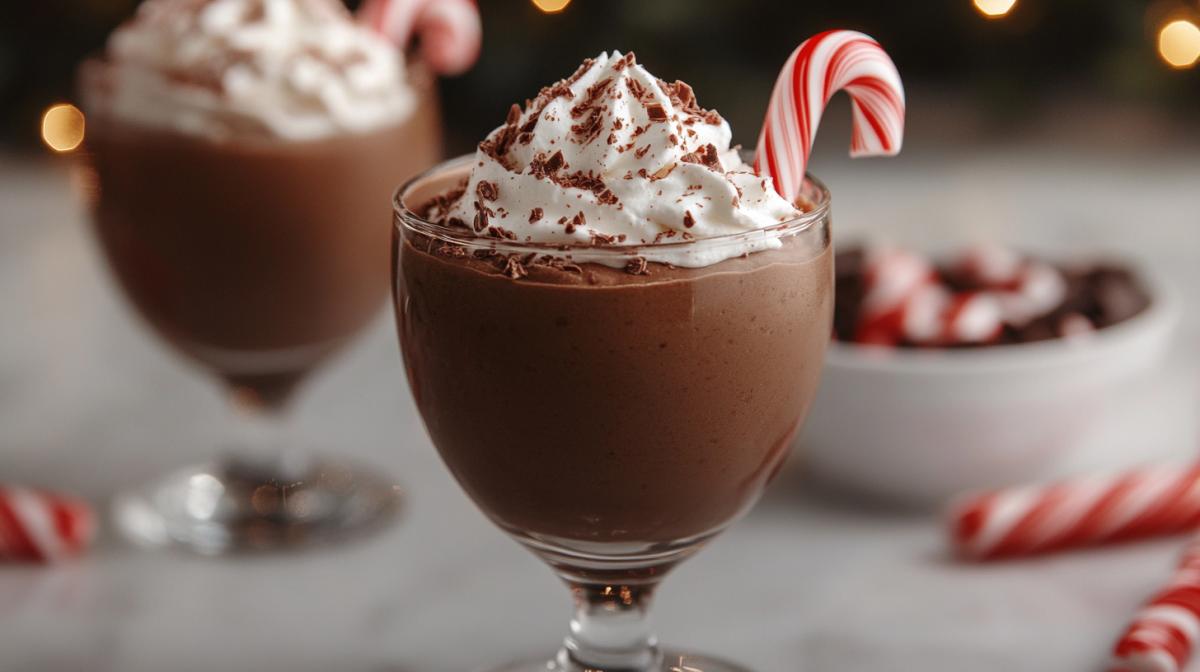 Zwei GlÃ¤ser Weihnachtsmousse mit Schokolade, garniert mit einer Zuckerstange und Sahne.