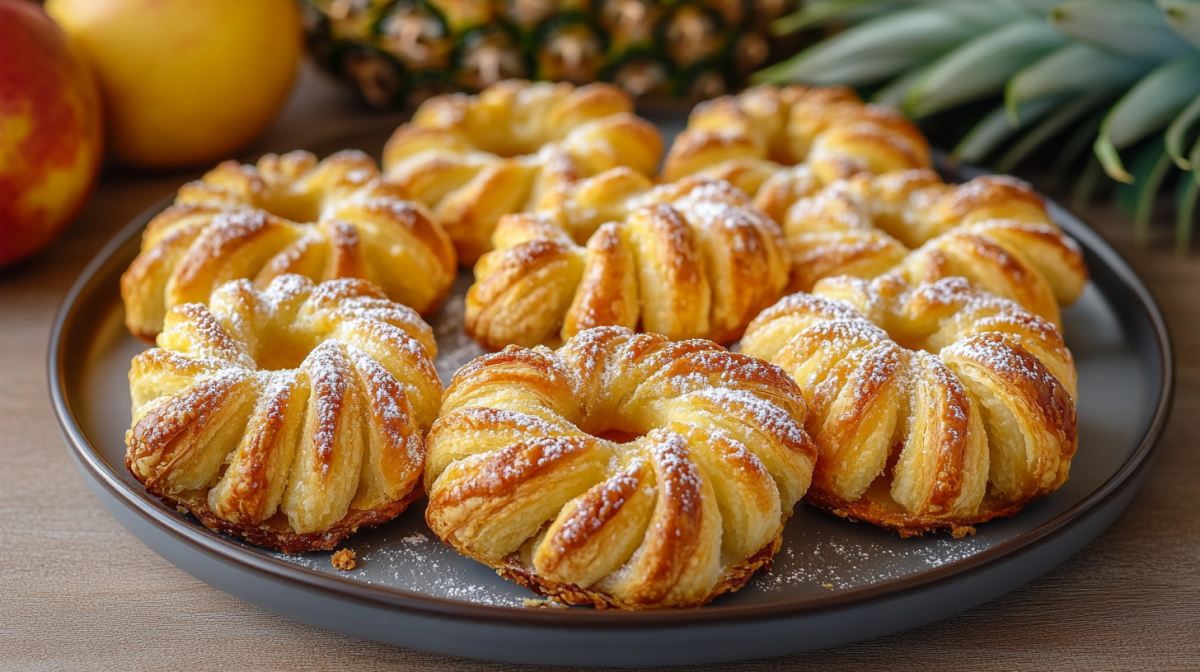 Ein paar Ananas-Blätterteig-Donuts auf einem Teller, im Hintergrund einige Zutaten unscharf zu erkennen.