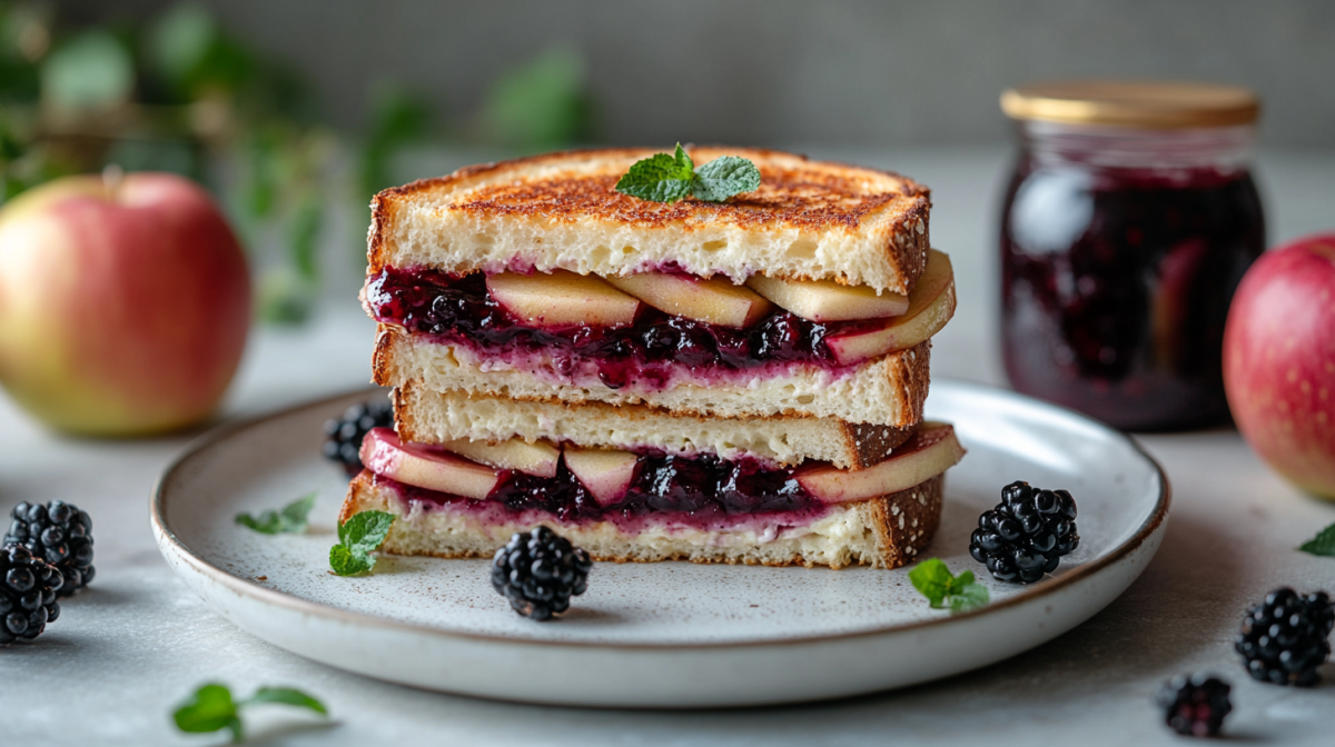 Apfel-Camembert-Sandwiches mit Marmelade auf einem Teller, drumherum ein paar Zutaten.