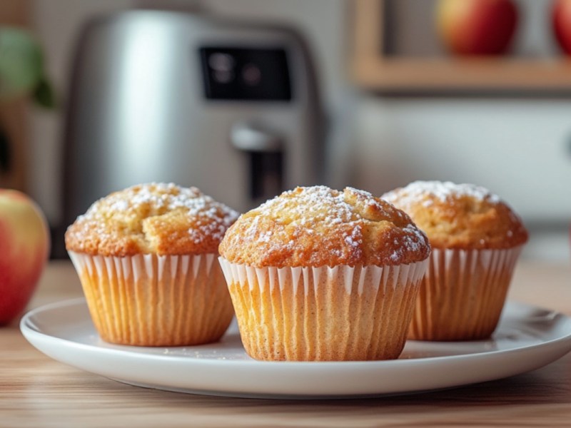 Mehrere Apfelmuffins aus der HeiÃŸluftfritteuse auf einem Teller. Im Hintergrund sind der Airfryer und frische Ã„pfel zu sehen.