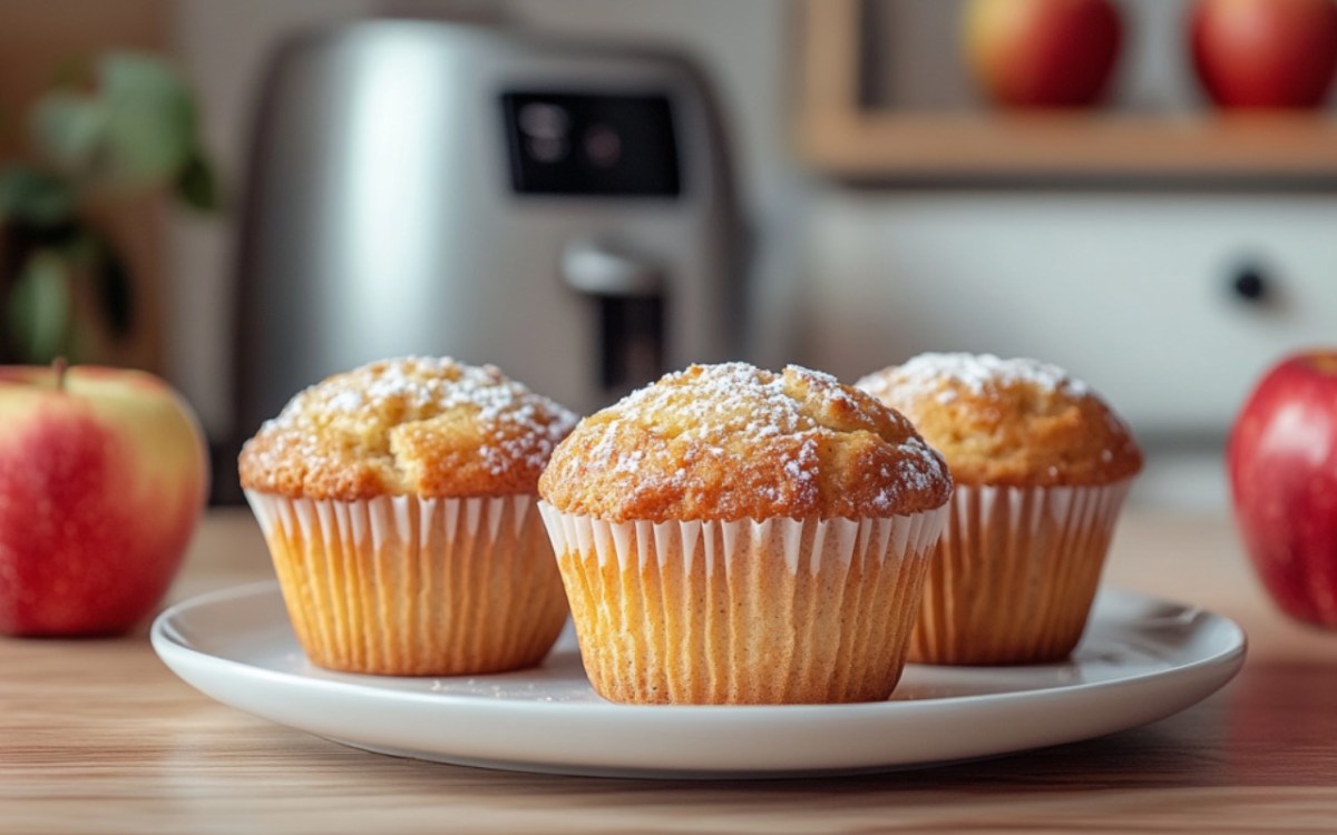 Mehrere Apfelmuffins aus der HeiÃŸluftfritteuse auf einem Teller. Im Hintergrund sind der Airfryer und frische Ã„pfel zu sehen.