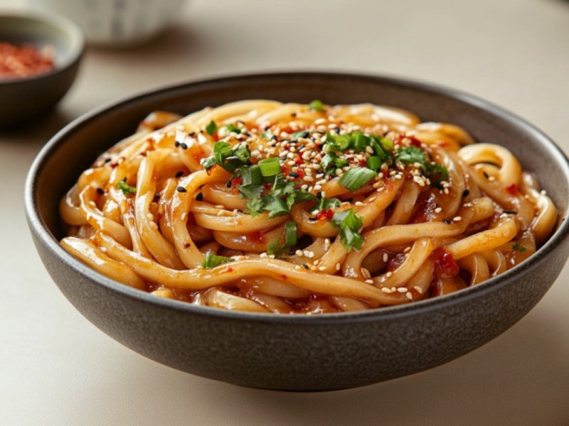 Eine SchÃ¼ssel mit asiatischen Kartoffelnudeln mit ChiliÃ¶l.