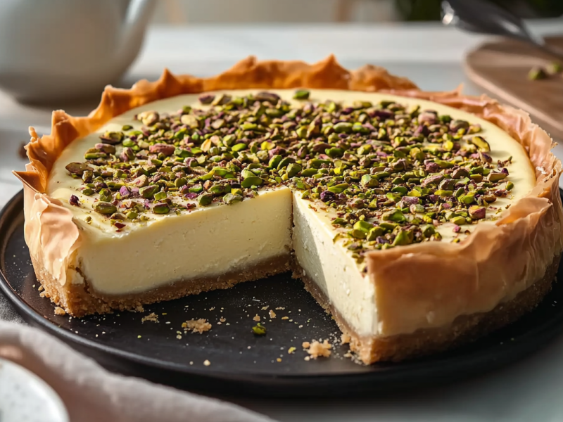 Baklava-Cheesecake auf einem schwarzen Teller. Der Cheesecake ist mit Pistazien bestreut. Im Vordergrund liegt ein Tuch sowie ein Teller mit mehr Pistazien. Im Hintergrund liegt ein kleines Brett mit mehr gehackten Pistazien.